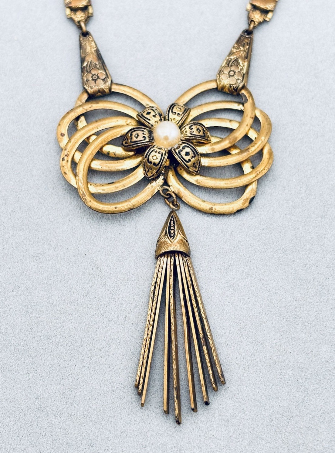 Antique Book Chain Gold Tone Necklace Floral Etched Bow Articulated Pendant