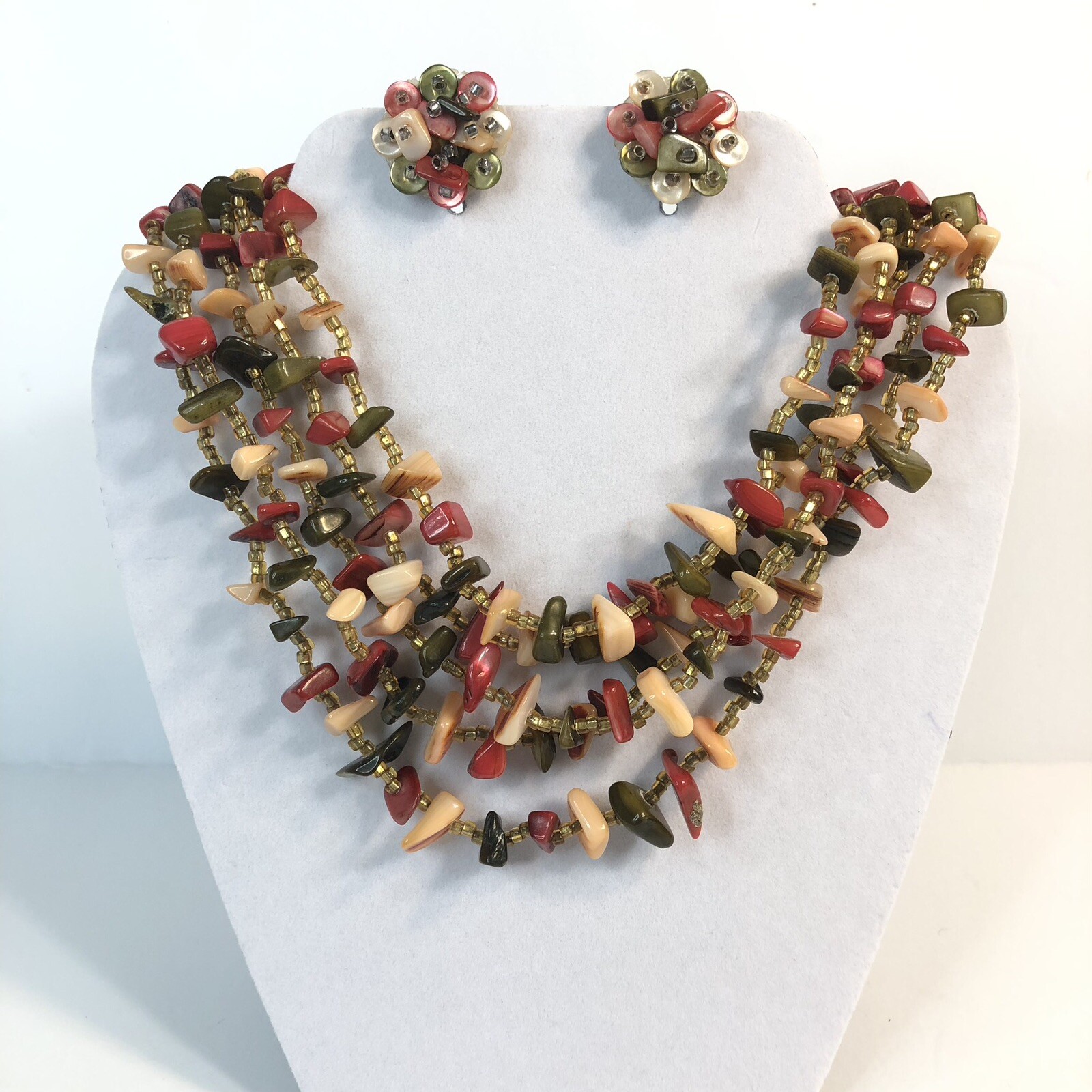 Vintage Japan 4 Strand Necklace and Earrings Dyed Abalone Shell Beads Clip Back
