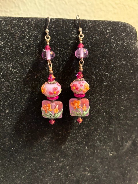 Vintage Artisan Boho Lampwork Glass Floral Dangle Pink And Green Earrings