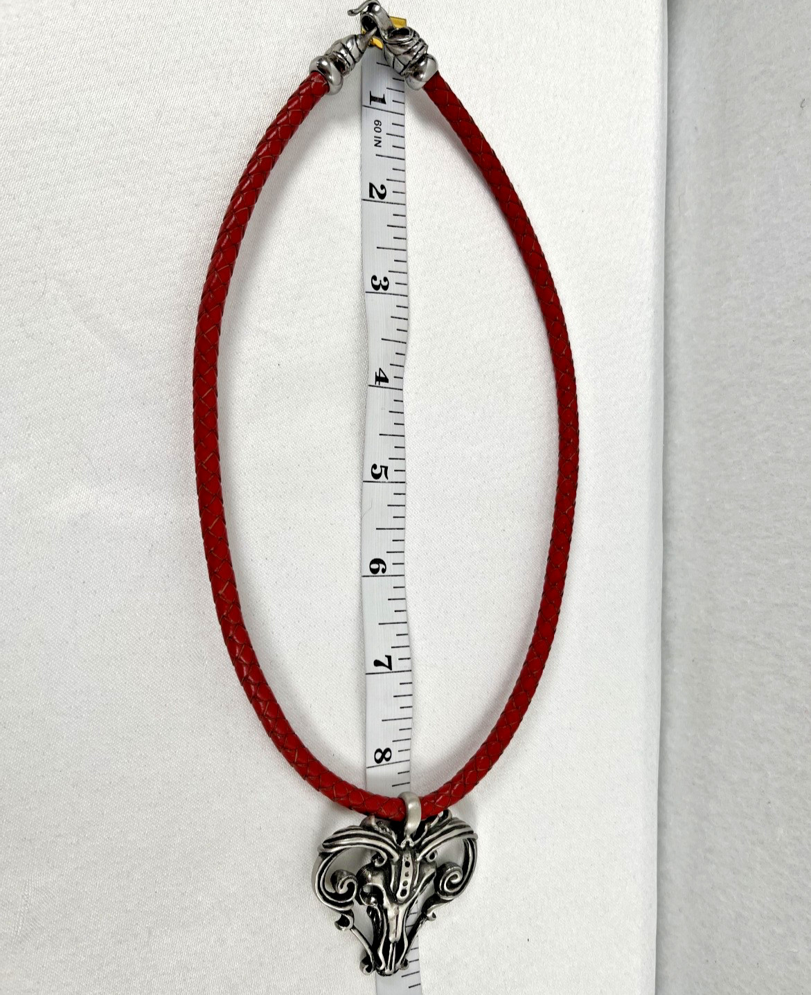 VTG Artisan Pewter Gothic Ram Pendant Red Braided Leather Cord Punk Retro
