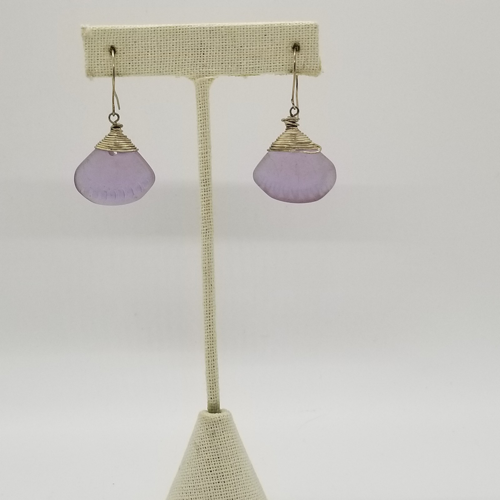 Vintage Purple Sea Glass Claw Shell Design Wite Wapped Dangle Drop Earrings
