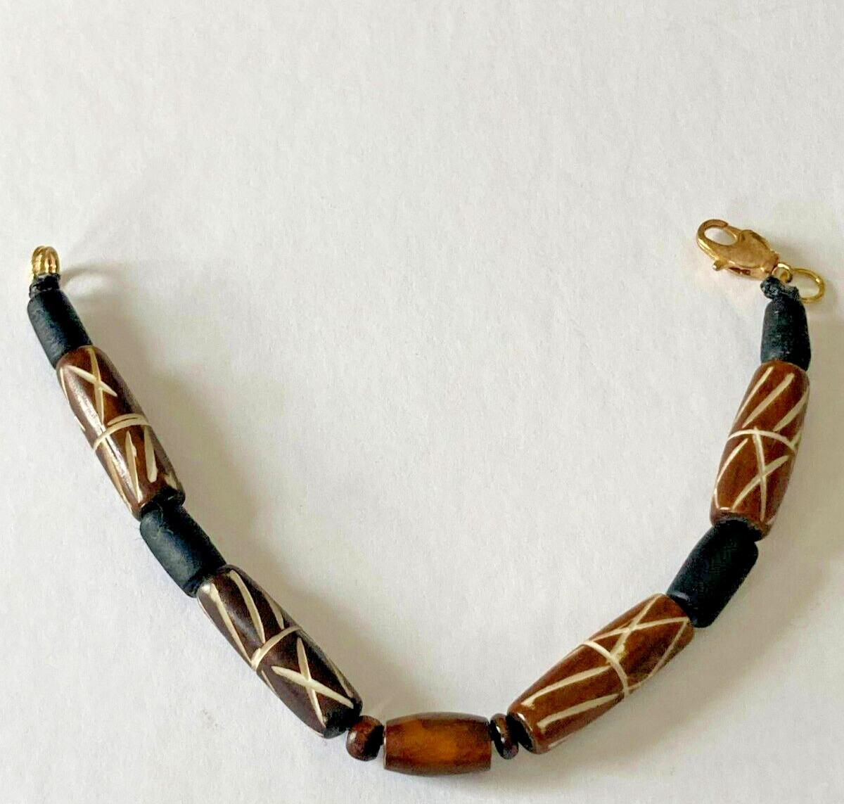 Hand Beaded Vintage Carved Wood and Black Ceramic 7.5-inches