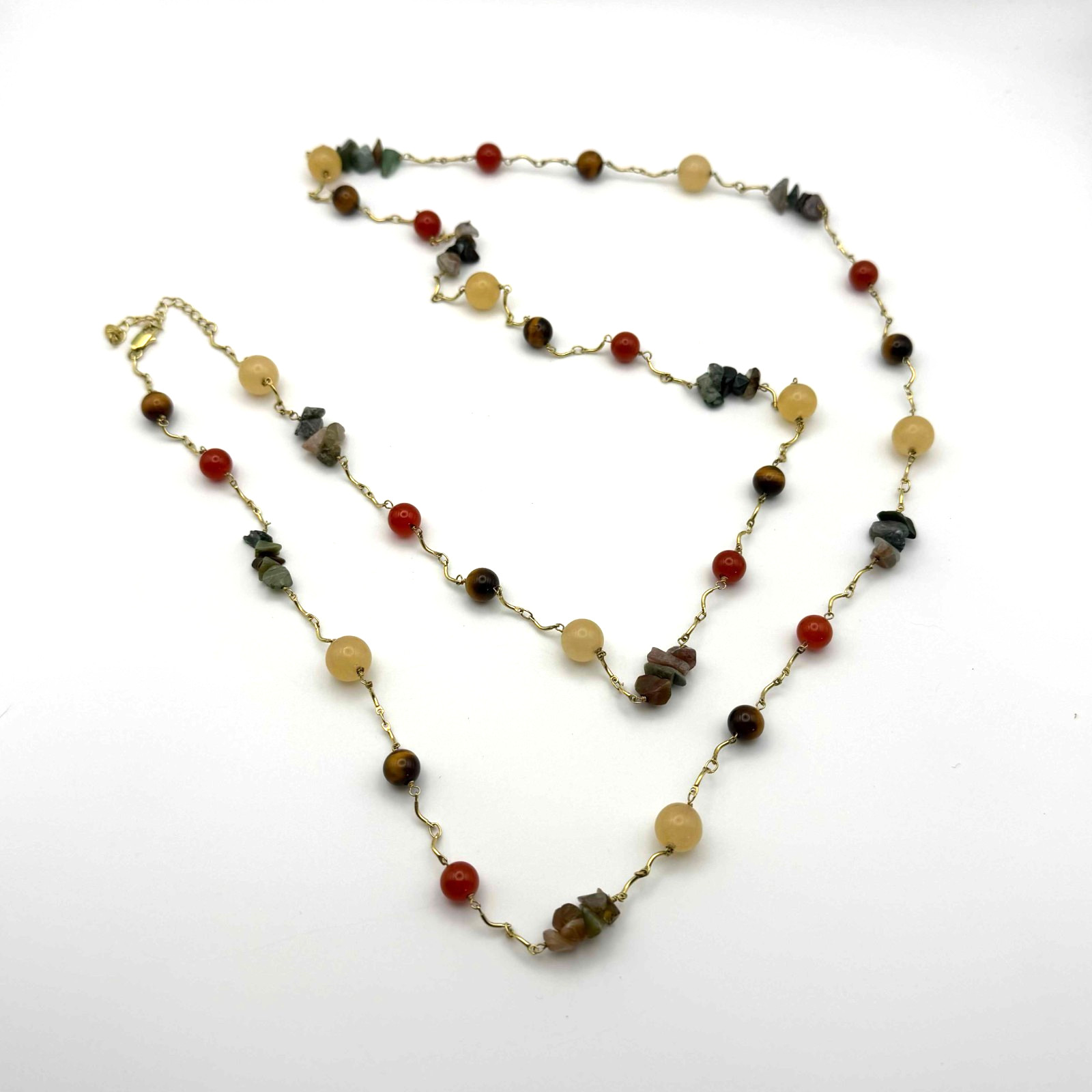 Vtg 44″ Jade, Nephrite & Tiger Eye Natural Stone Necklace 14K GP (YAK-35-2)