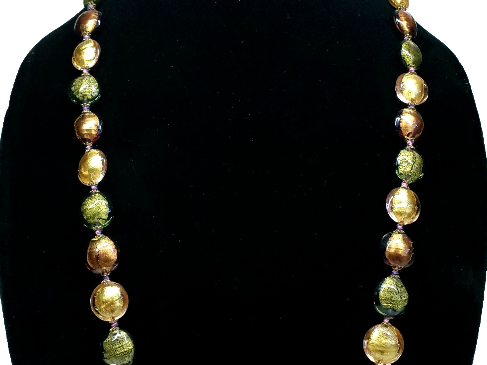 Vintage Signed Elma Venezia Italy Art Foil Glass Green Brown Gold Long Necklace