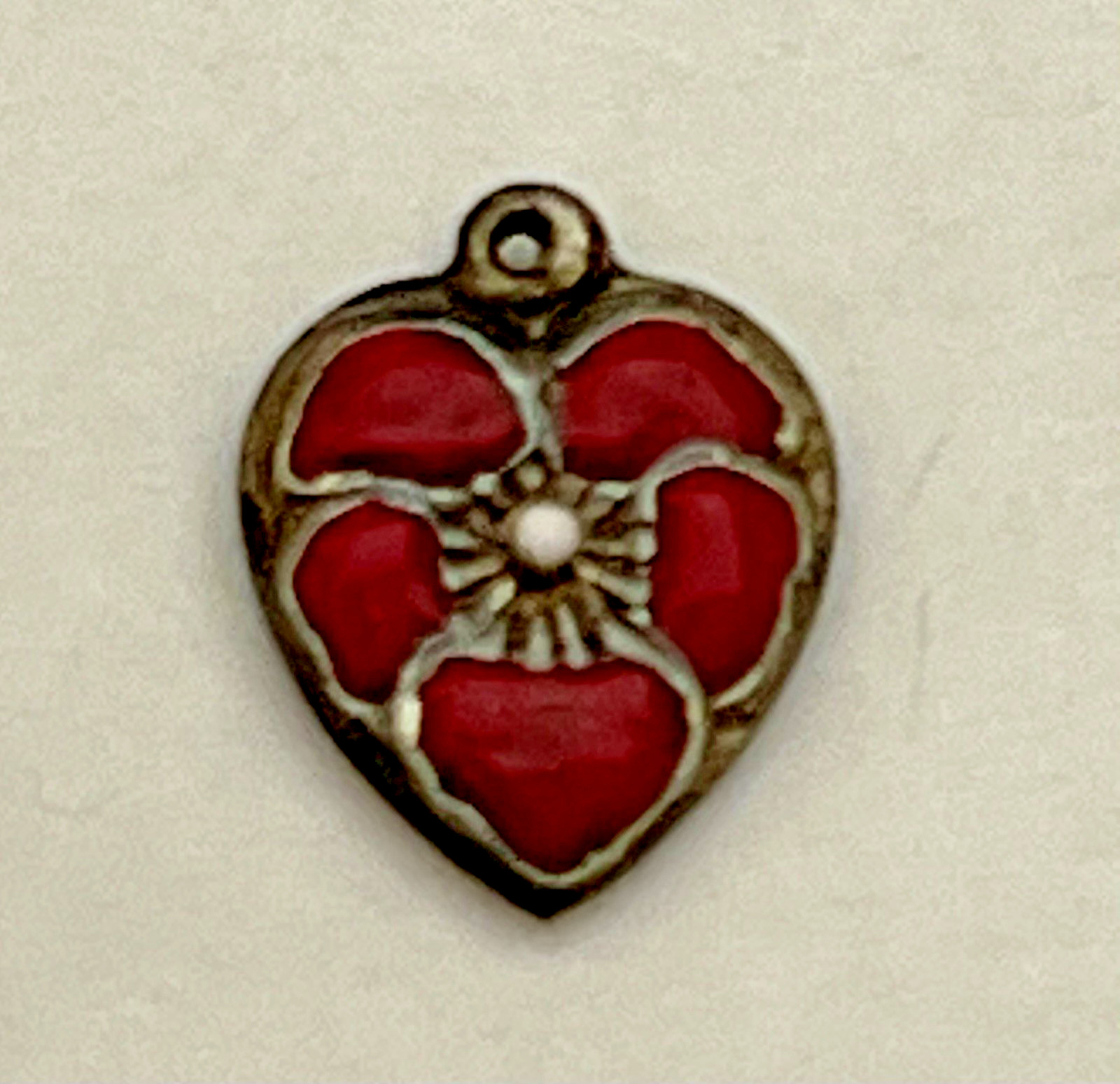 Sterling Silver Heart Flower Charm Puffy Enamel Pansy 925 Vintage Stamped Red US