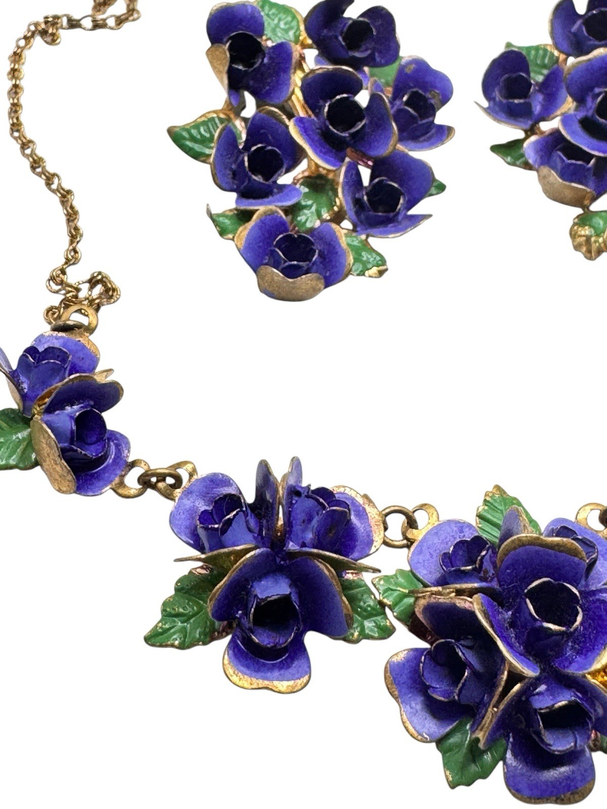 Vintage Enamel Pansy Violet Flower Necklace Earrings Set Suffragate Era
