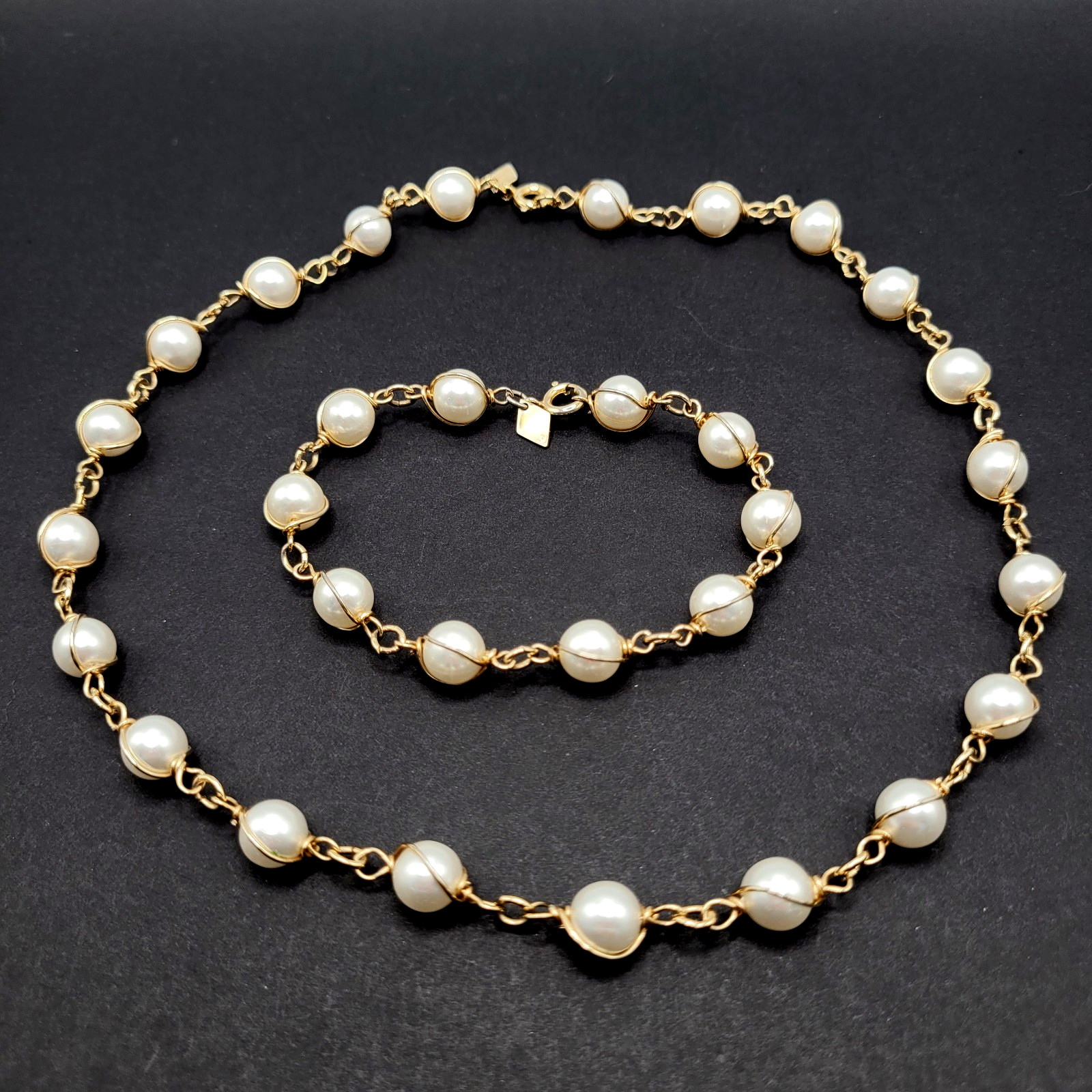Sarah Coventry Faux Pearl Caged Style Bracelet 7.25 in Necklace 16 in Vtg Signed