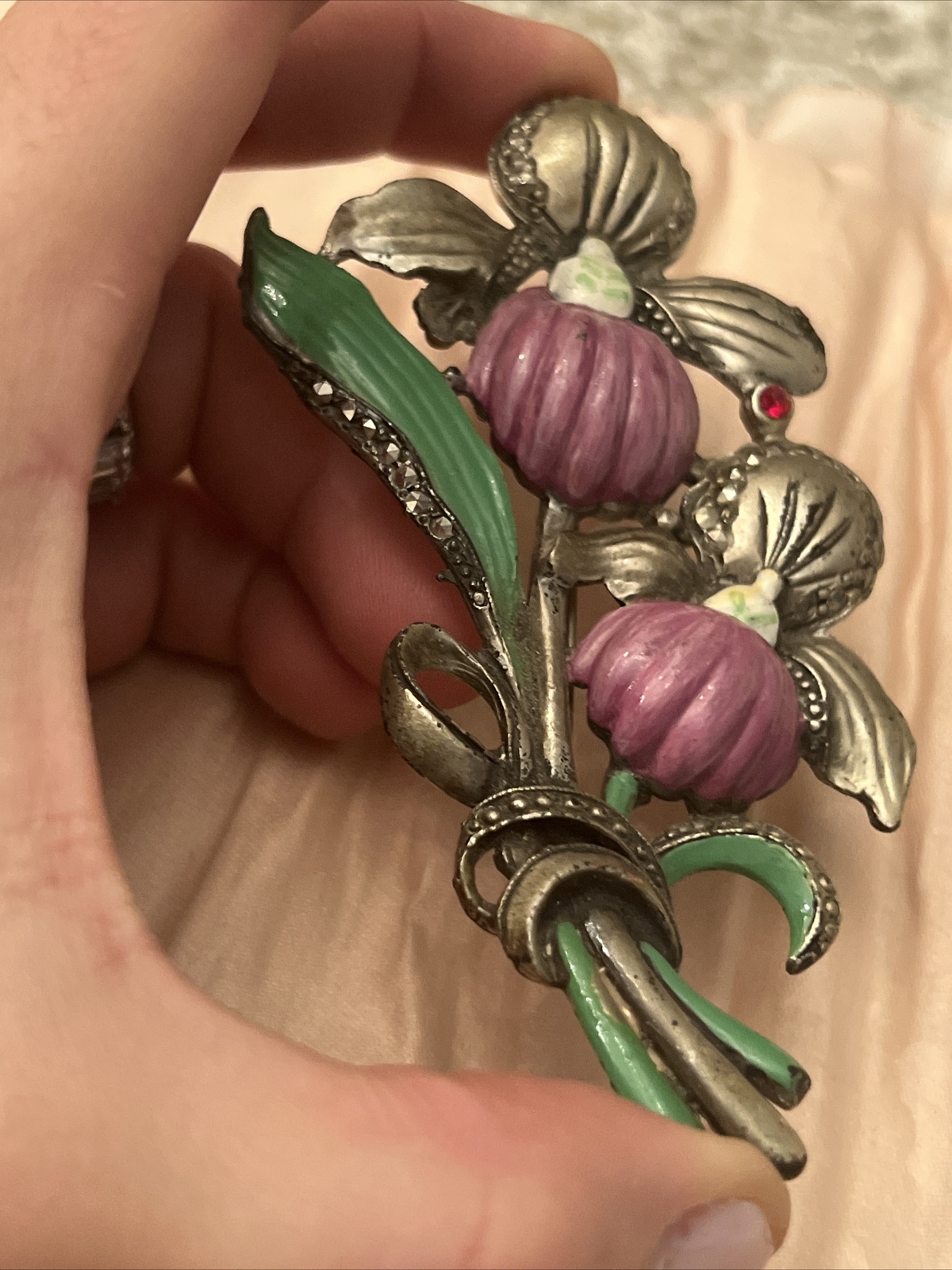 antique pin Flower Enamel Paint Rhinestone Marcasite Metal 4.25” brooch large