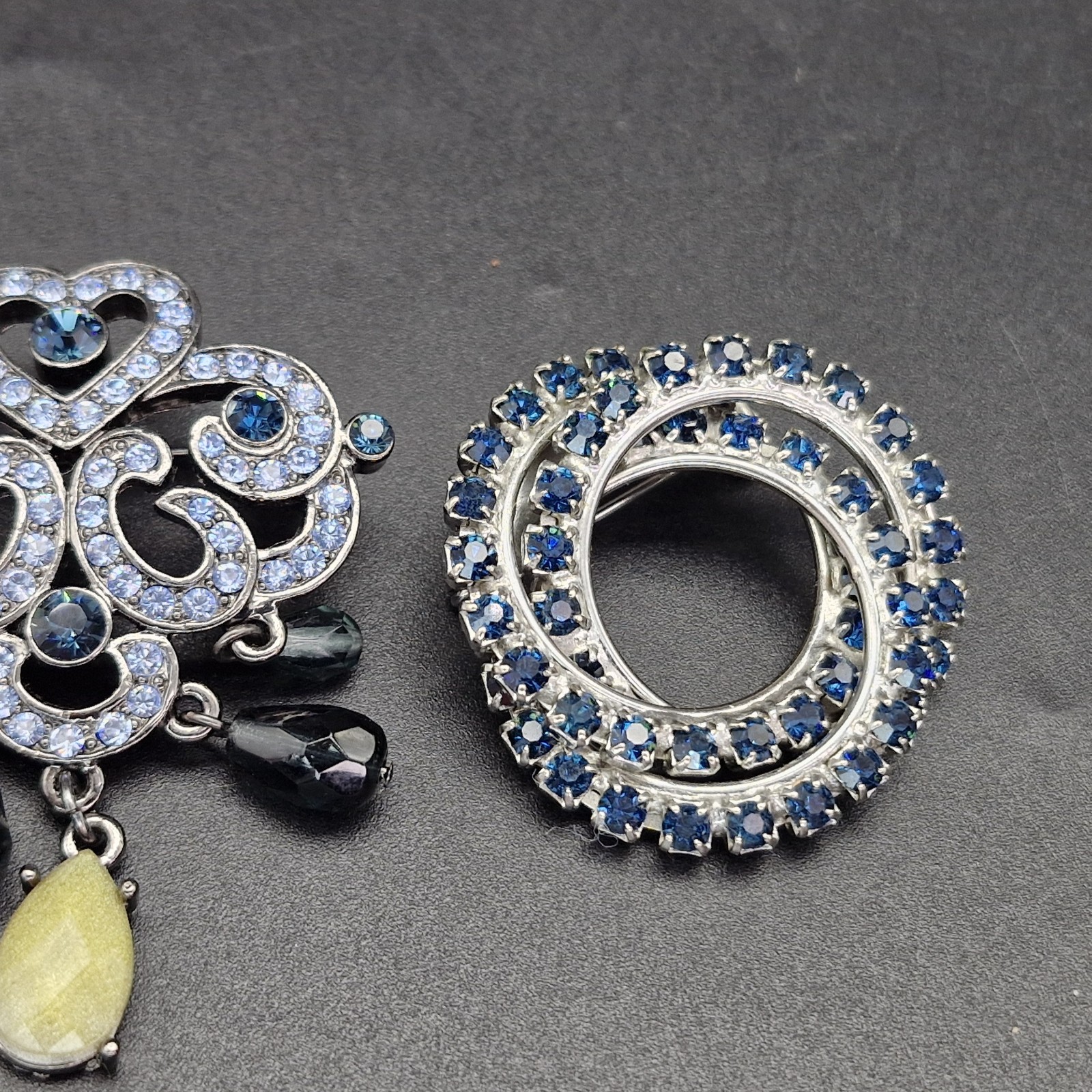 2 Vintage Silver Tone Sapphire Glass Rhinestone Brooches Deco Inspired 1.5-2″