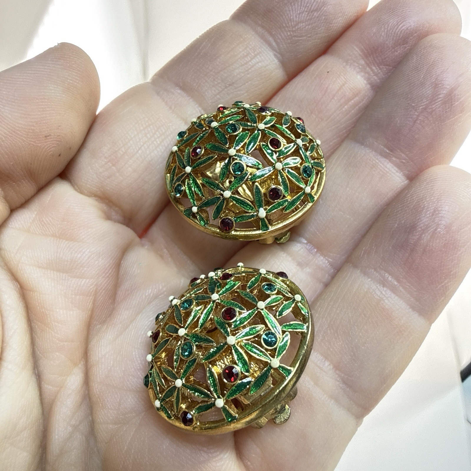 Joan Rivers Earrings Rhinestone Green Red Blue CLIP ON Enamel Jewel Gold Round