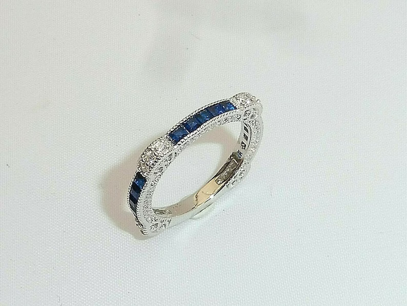 3/4 CTW Blue Princess Cut CZ Art Deco Wedding Antique Eternity Silver Band Ring