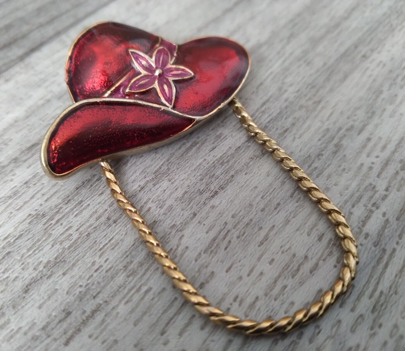 Vintage Red Enamel Hat Brooch Pin Gold Tone 1950s Flower Gold Tone