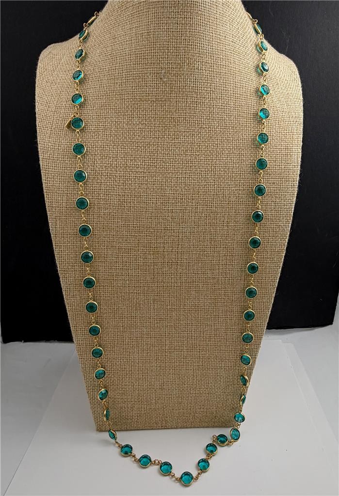 Vintage Swarovski Swan signed Teal Crystal Bezel Set Gold Tone Necklace 36″ L.