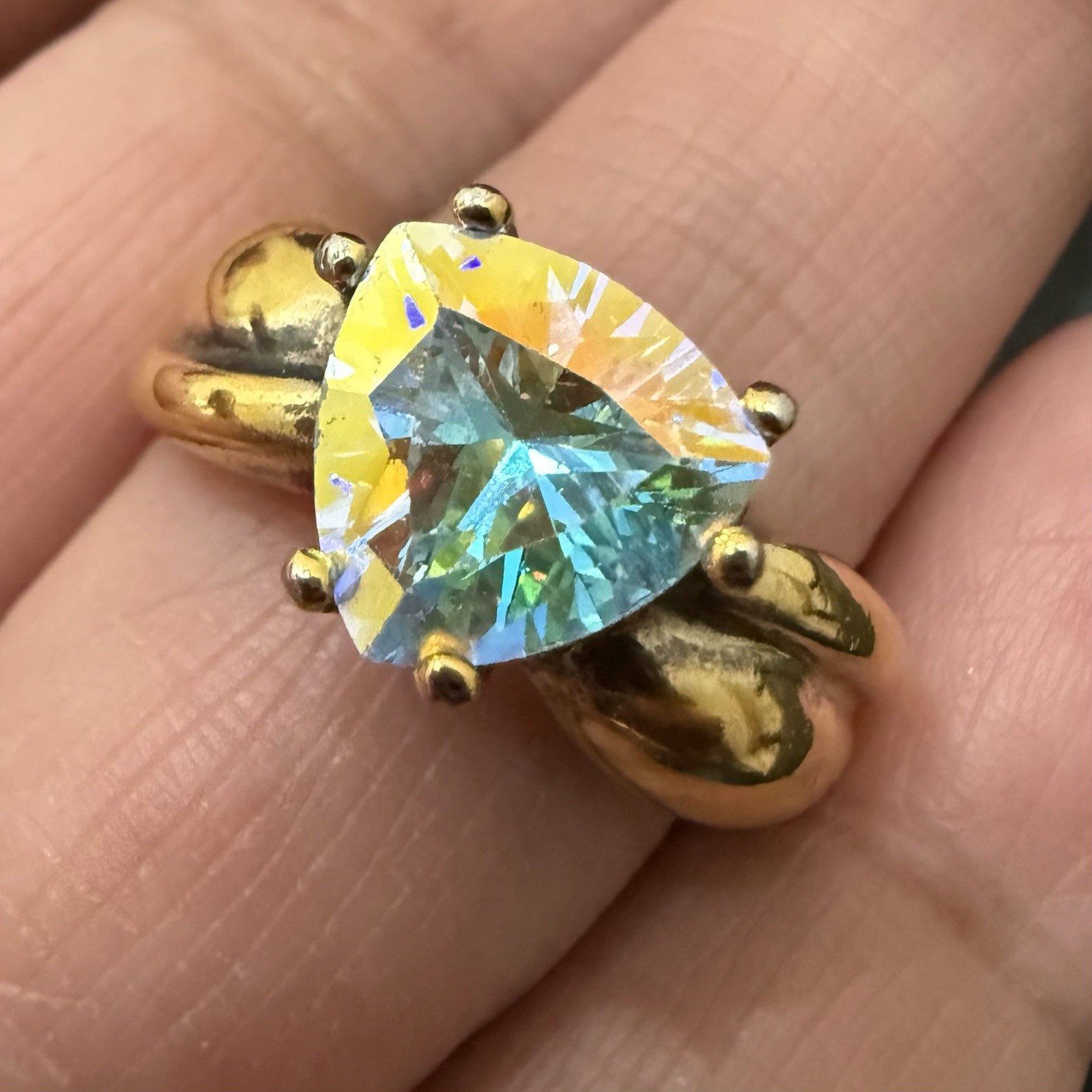 UTC 925 Vermeil Gold Over Sterling Silver Mystic Topaz Trillion Cut Ring Size 8