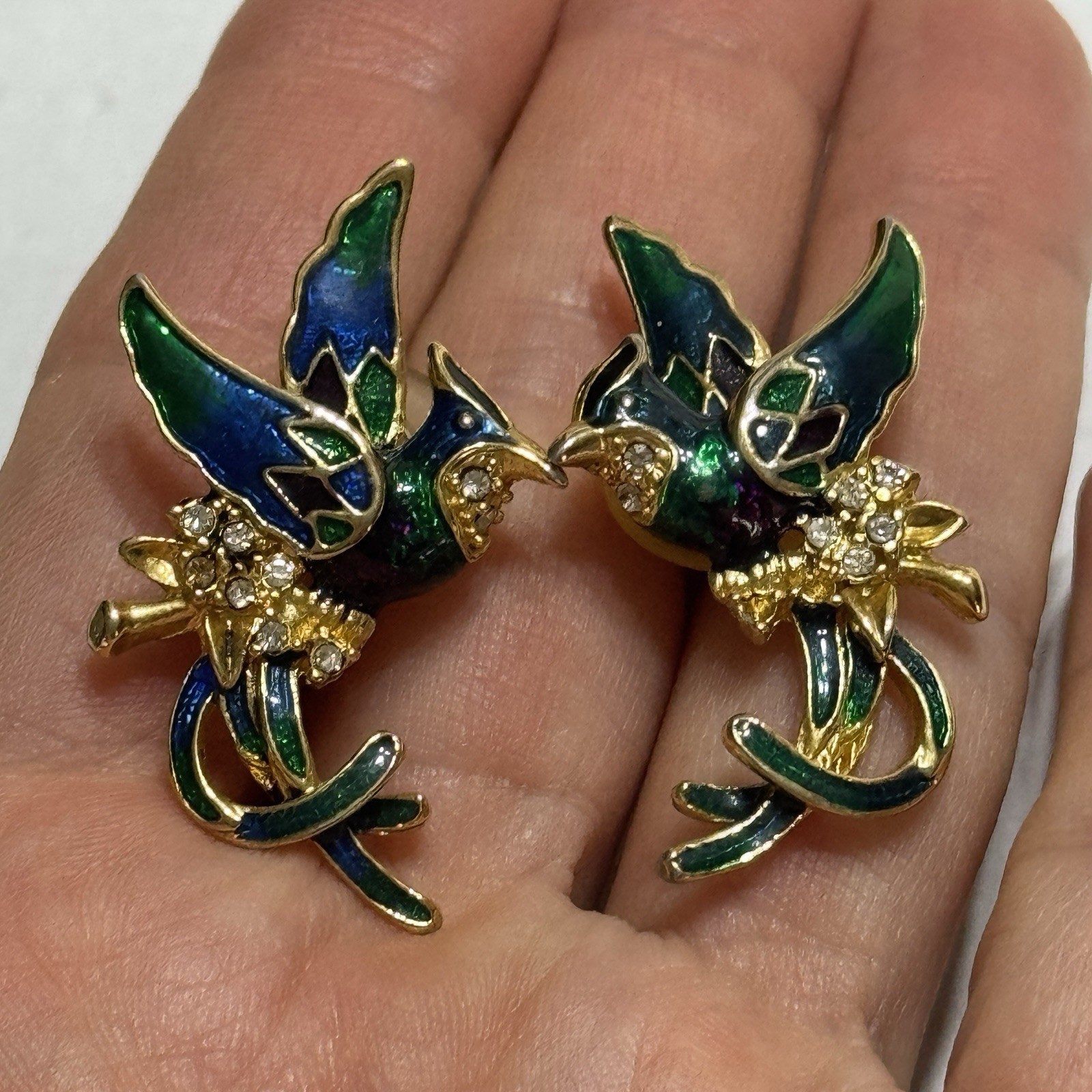 Vtg Enamel Hummingbird Pireced earrings Rhinestone Blue Green Large Stud Vivid