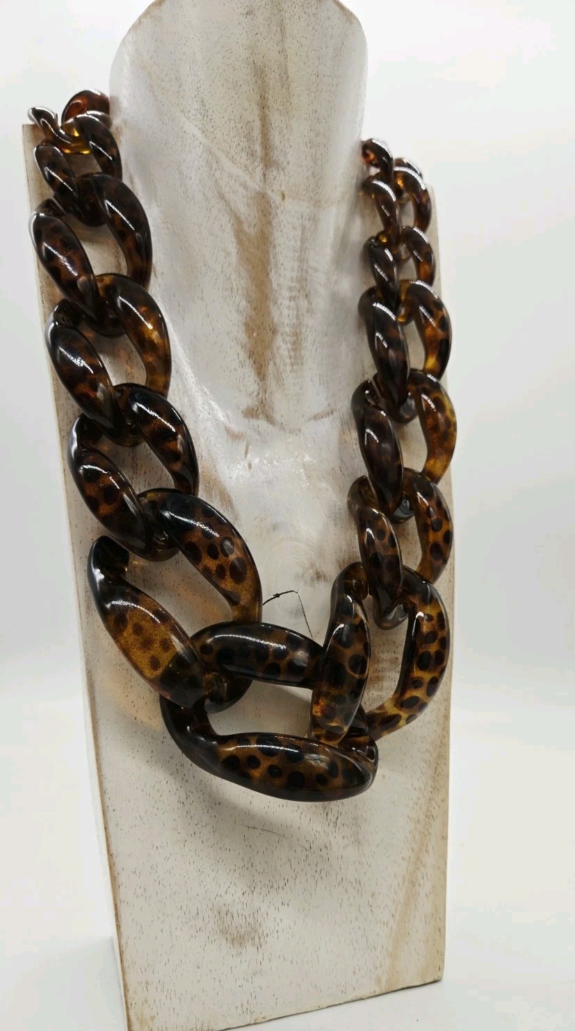 Faux TORTOISE SHELL Necklace WIDE Lucite Acrylic Chain Link Rings Graduated 23″