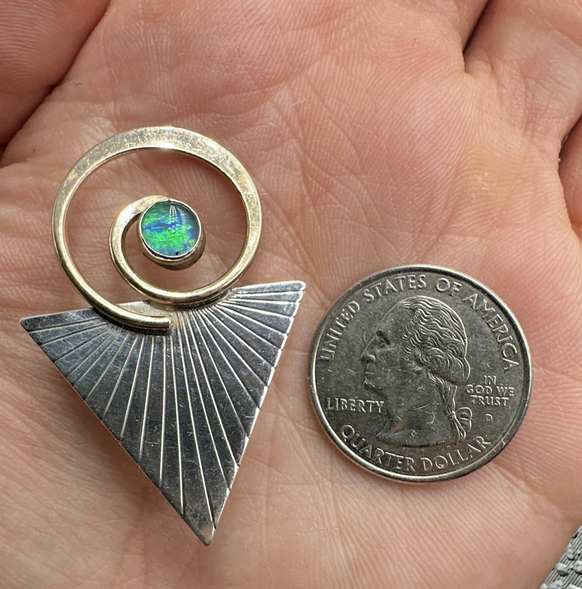 Vtg Abstract Modernist Courtney Peterson Silver Brass and Opal Brooch Pendant