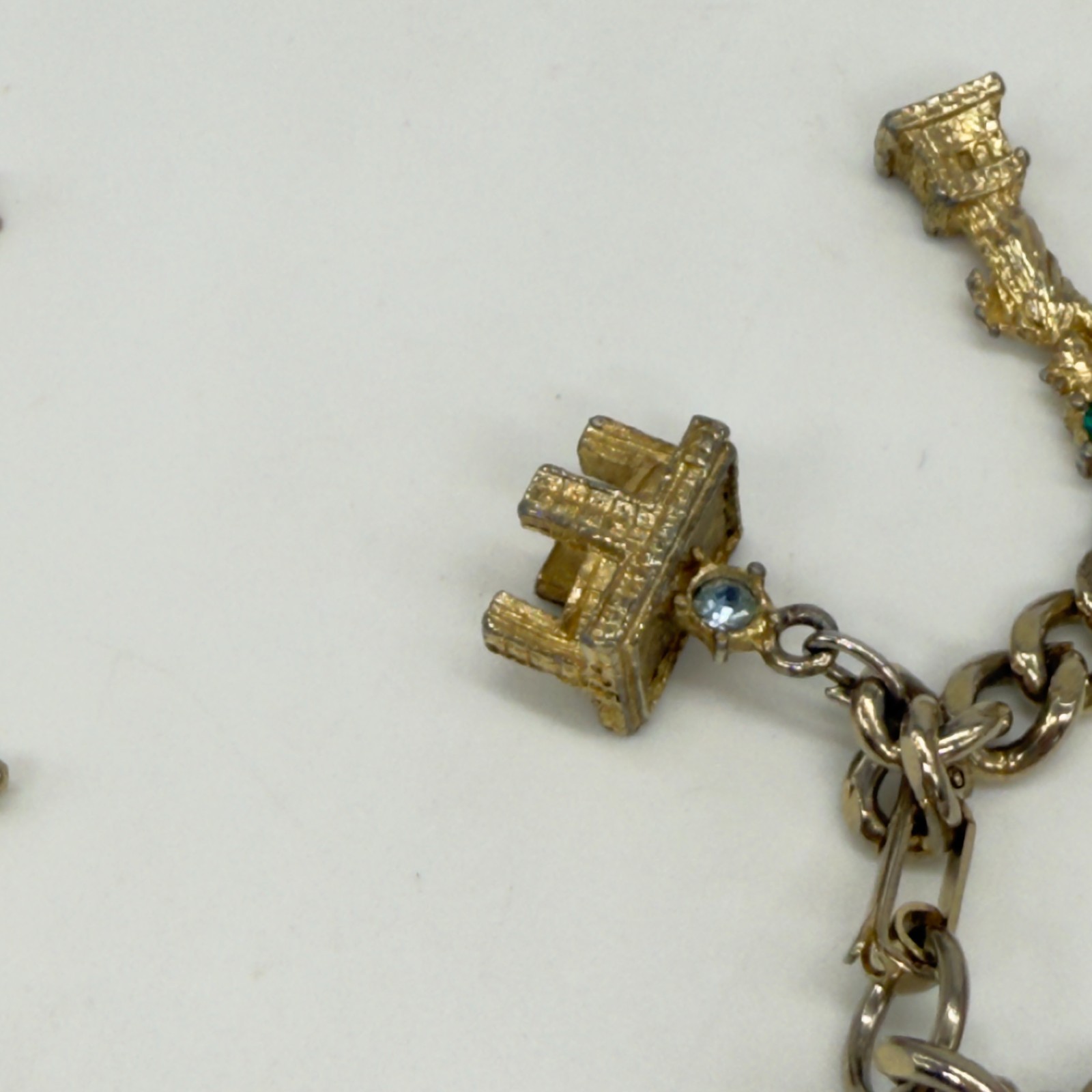 Vintage Jewelry Lot 2 Charm Bracelets Gold Tone Rhinestones Buildings Piano