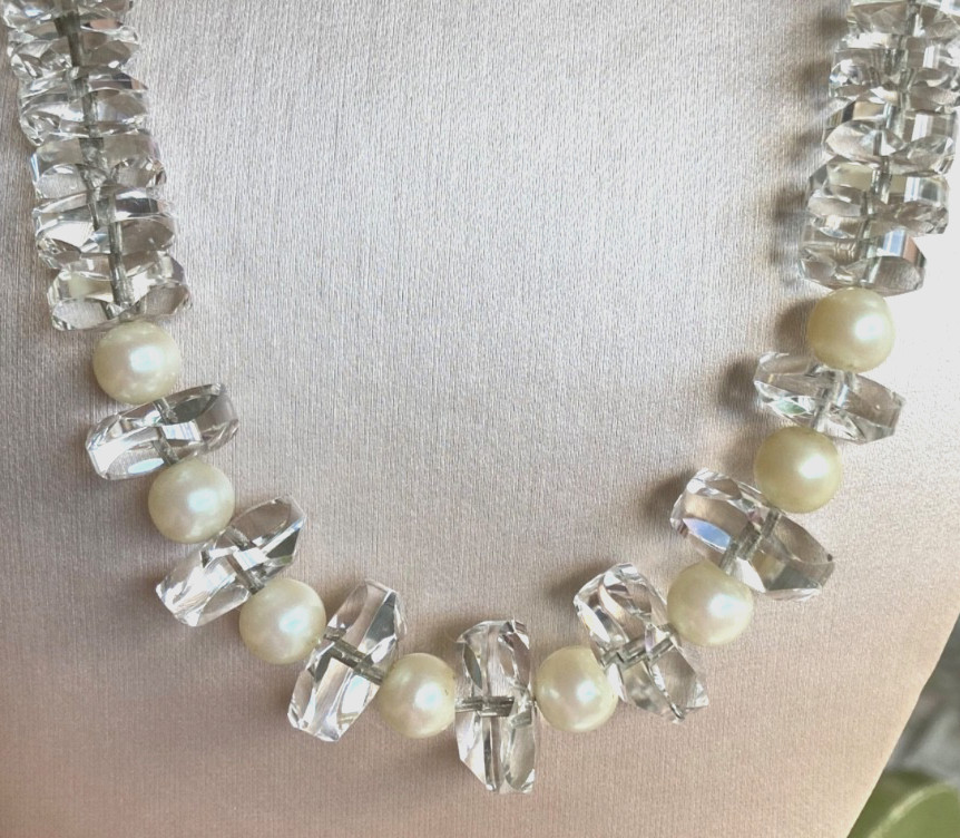 Vtg ROCK CRYSTAL Art Deco Necklace w/Pearls, Amazing Faceted Crystals 100.4grams