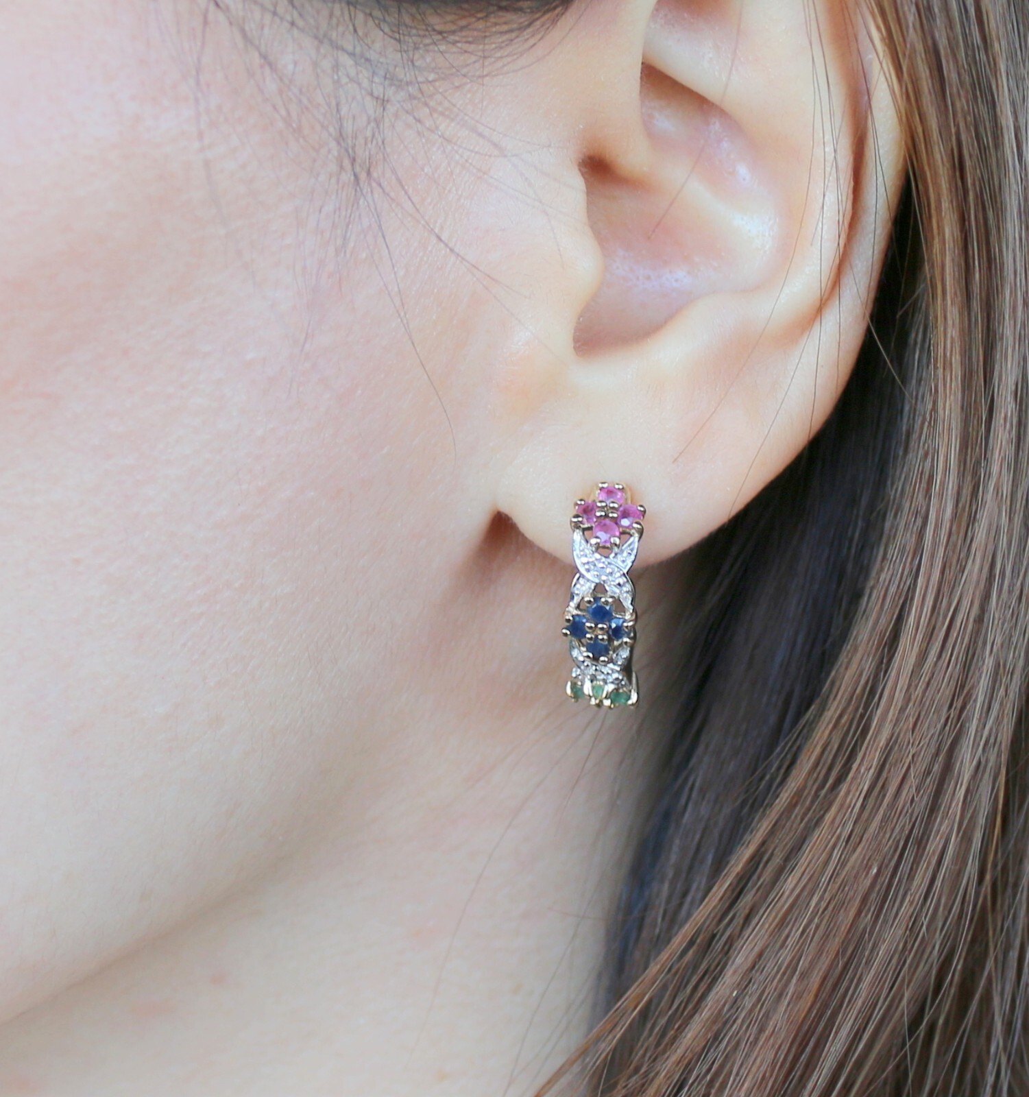VTG Ross Simons Sterling Silver 925 Vermeil Ruby Sapphire Emerald Hoop Earrings