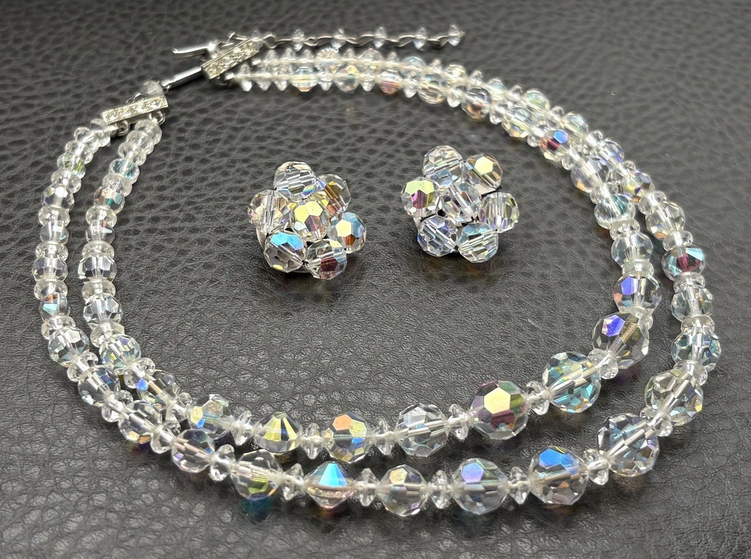 Vintage Aurora Borealis Crystal 2 Double Strand Necklace & Clip-On Earrings Set