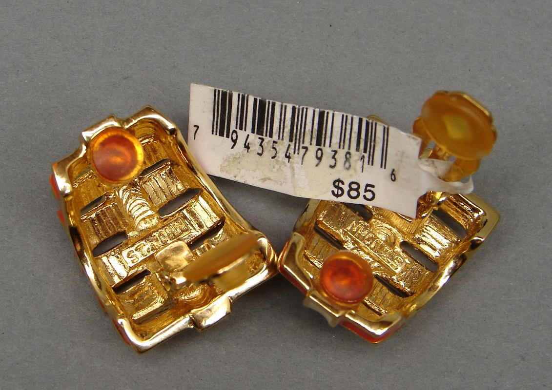 Vintage ST. JOHN Egyptian Motif CLIP-On EARRINGS Orange & Cream ENAMEL Gold-Tone