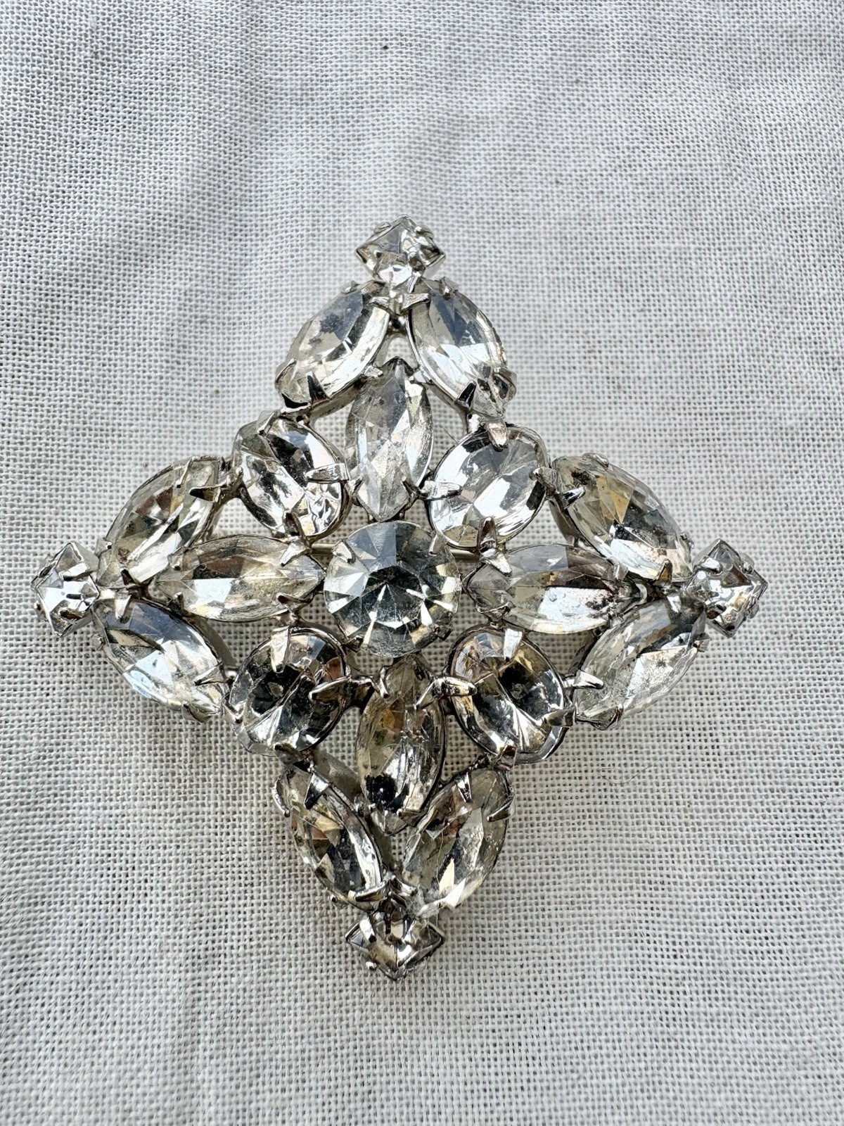 Vintage Estate Clear Rhinestone Diamond Lozenge Brooch Marquise Navette Mint