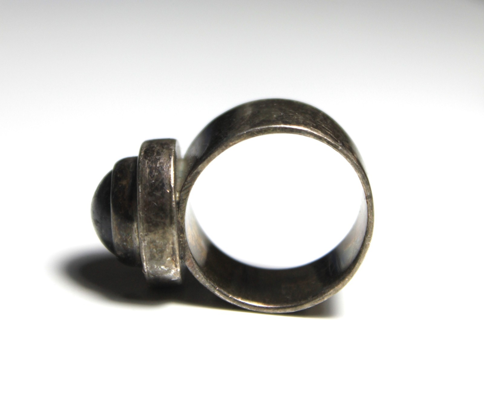 Vintage Peruvian 950 Silver Modernist Statement Ring Black Cabochon Size 7.25