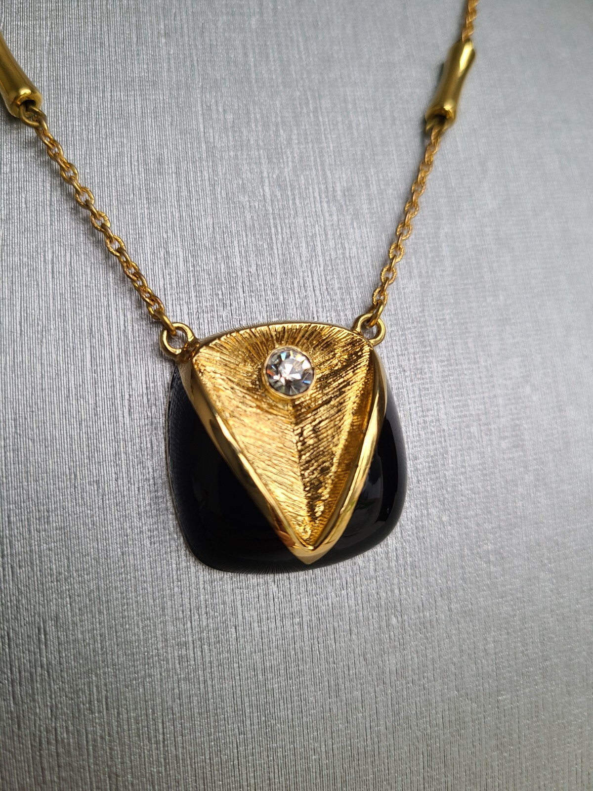 Vintage Orena Paris Gold Plated, Black Enamel Rhinestone Pendant Necklace
