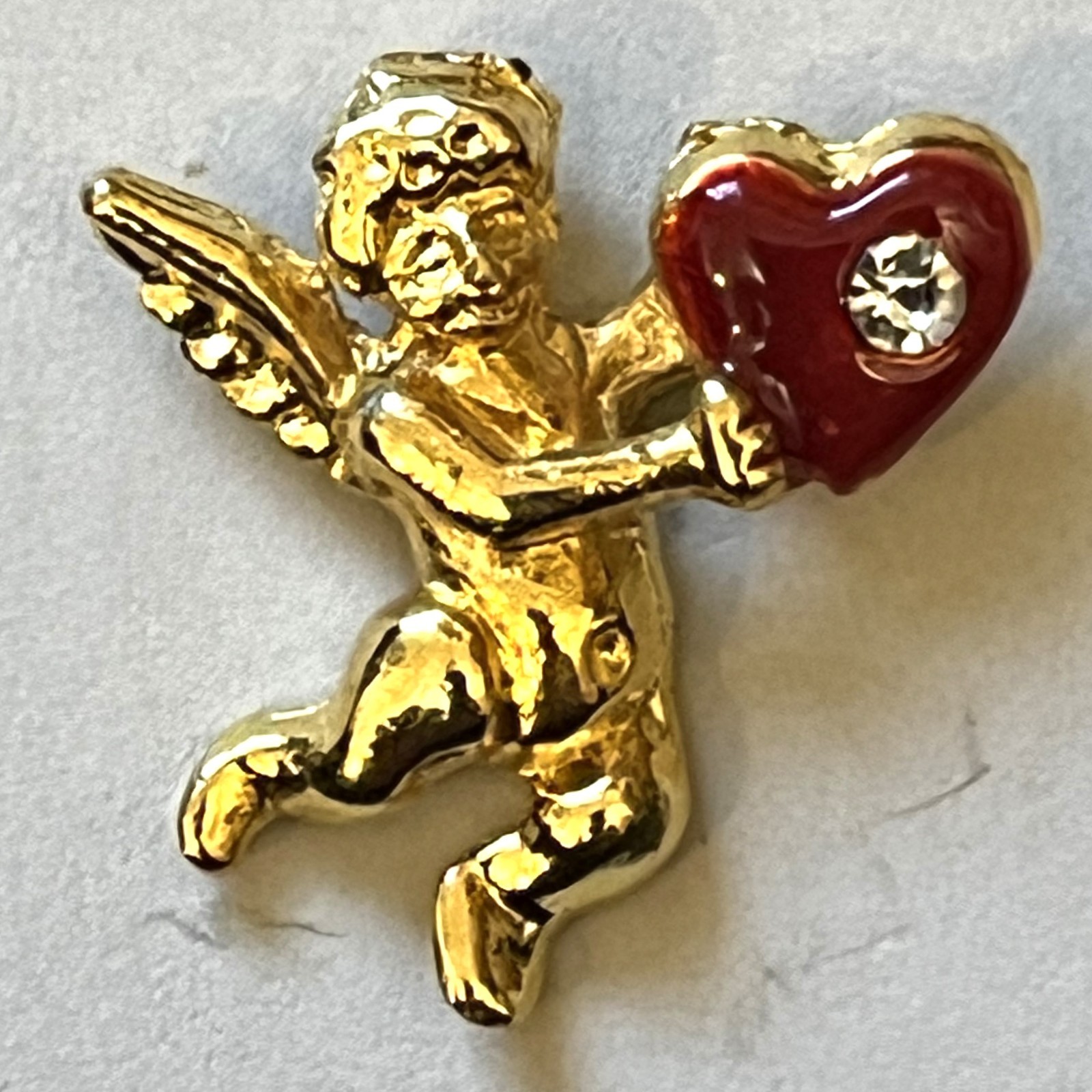 Guardian Angel Heart Rhinestone Shiny Gold-tone Brooch Pin.