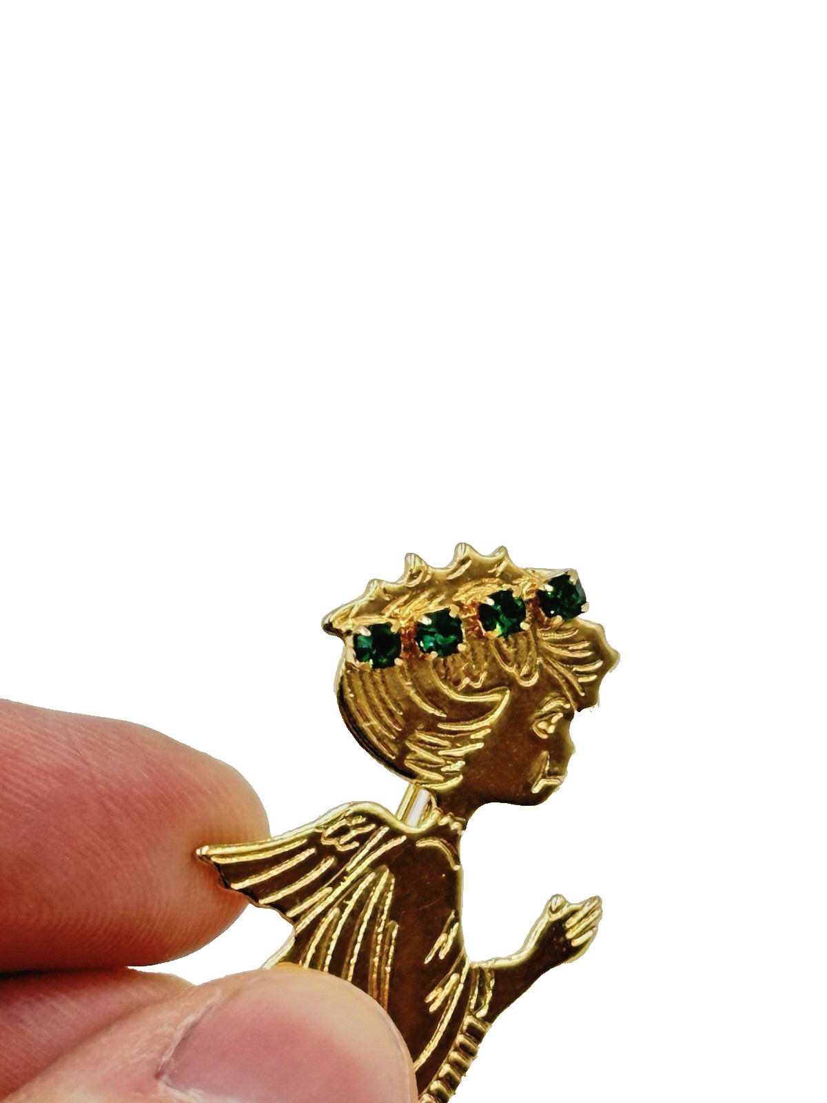 Gold Tone Praying Angel May Emerald Birthstone Rhinestone Halo Brooch Pin