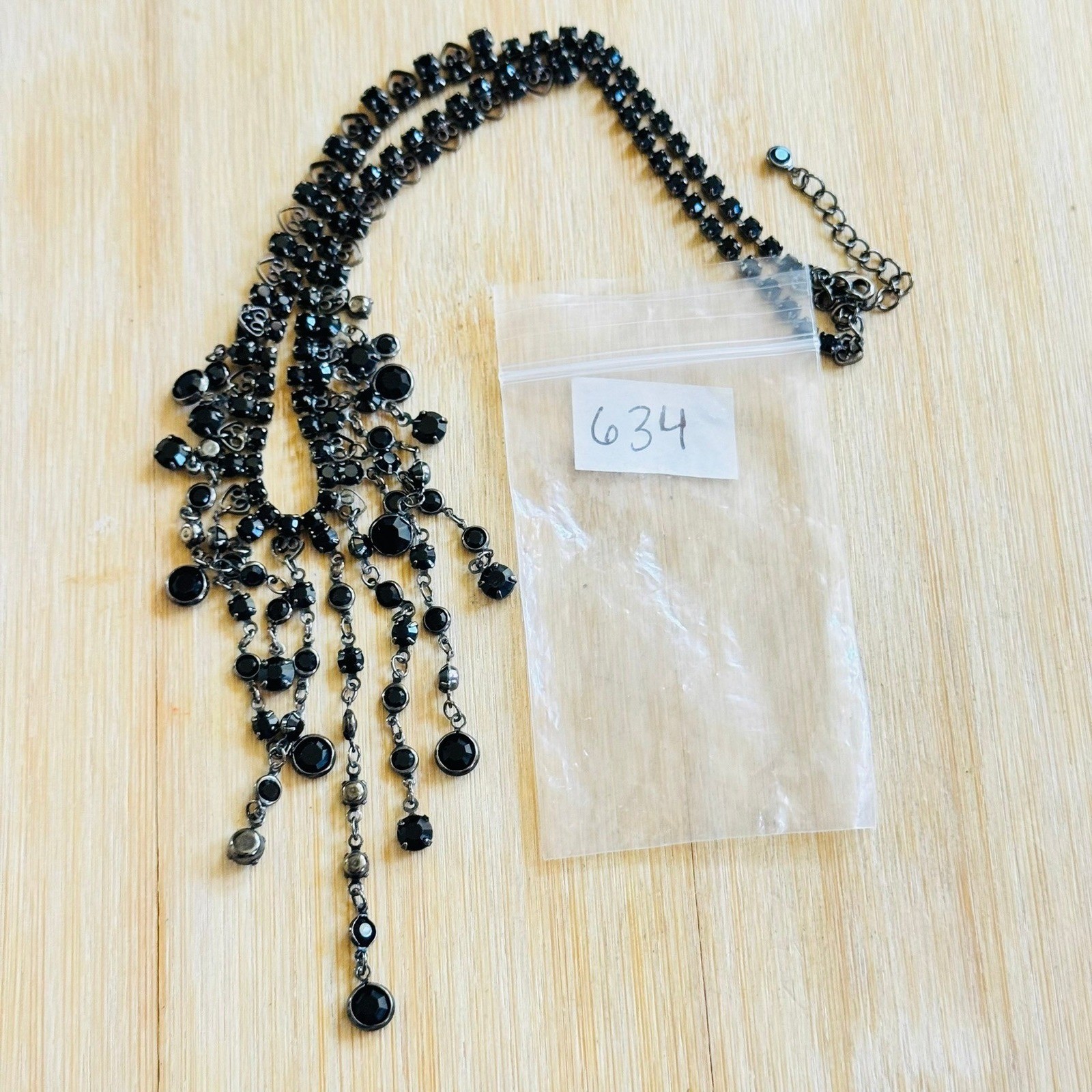 VTG Victorian Goth Style Black Glass Necklace Brass Waterfall Cascade Open Bezel