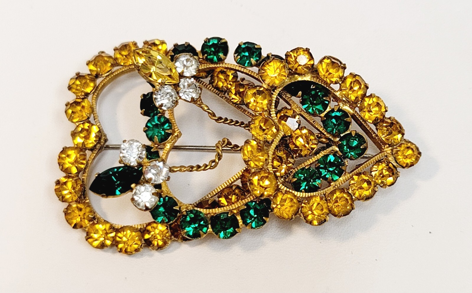 Vintage Original By Robert Fashioncraft 3 Hearts Brooch Green Yellow Rhinestones