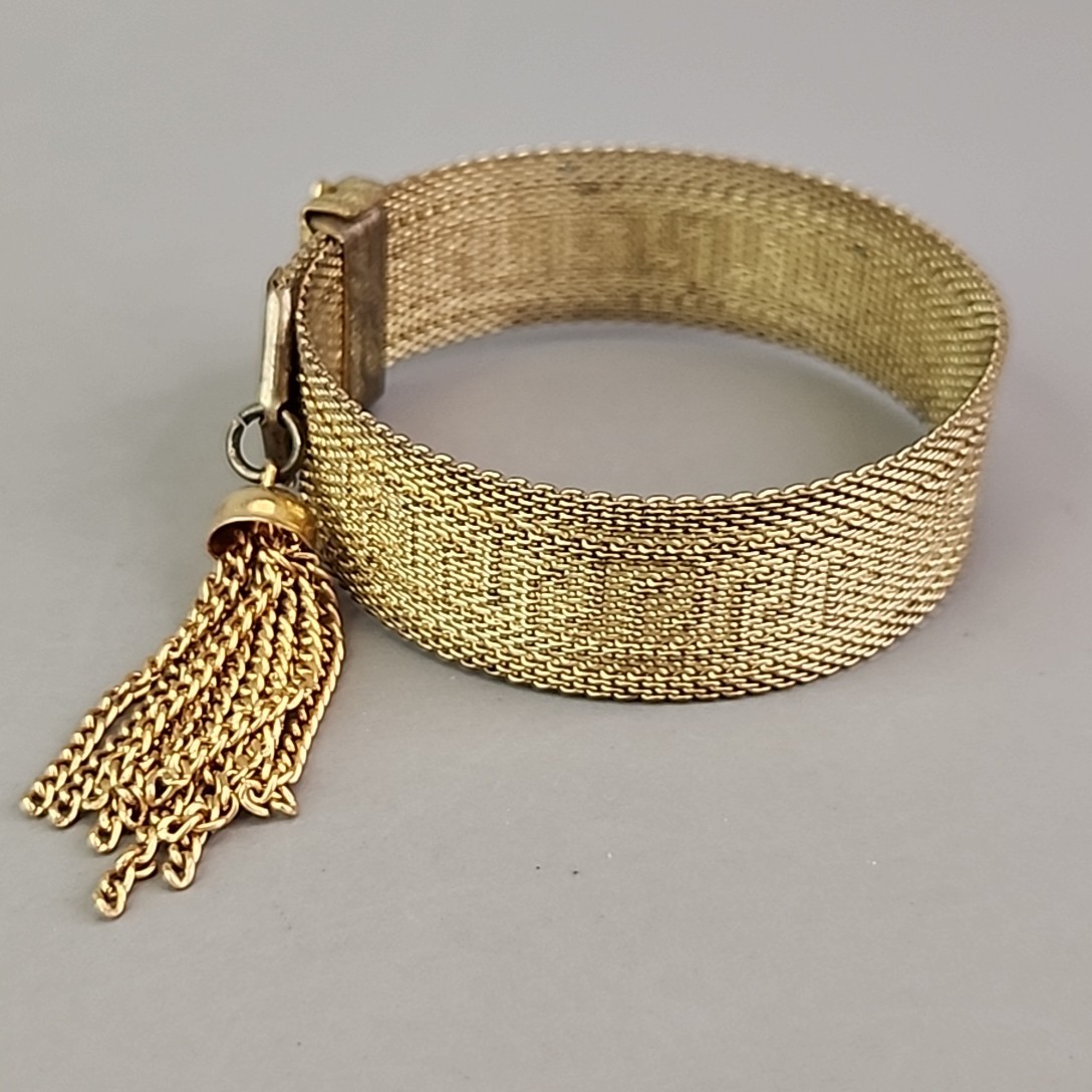 Vintage Mesh Chain Bracelet Victorian Revival Greek Key Tassel Gold Tone 7.25″