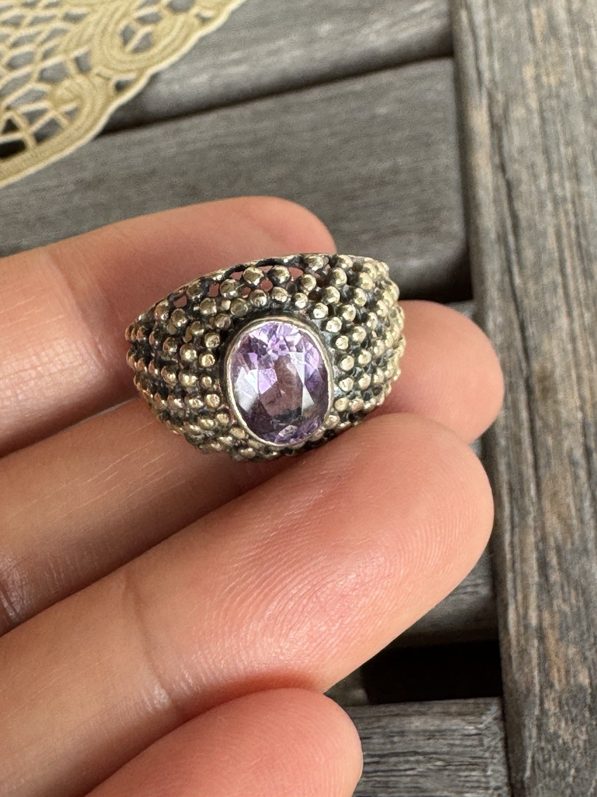 VINTAGE DECO AMETHYST STERLING Gold Over STERLING SILVER RING Sz 7.5 Signed NF