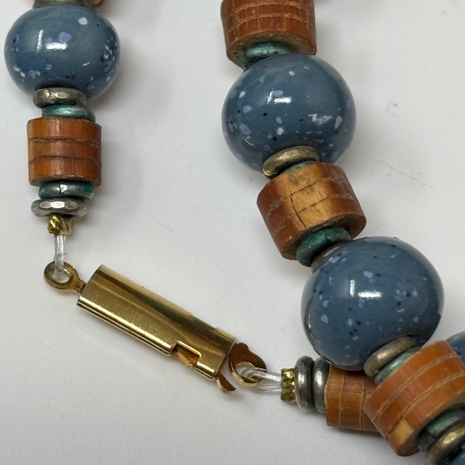 Vintage Beaded Necklace Blue Ceramic Tan Wood with Elephant Pendant Verdigris