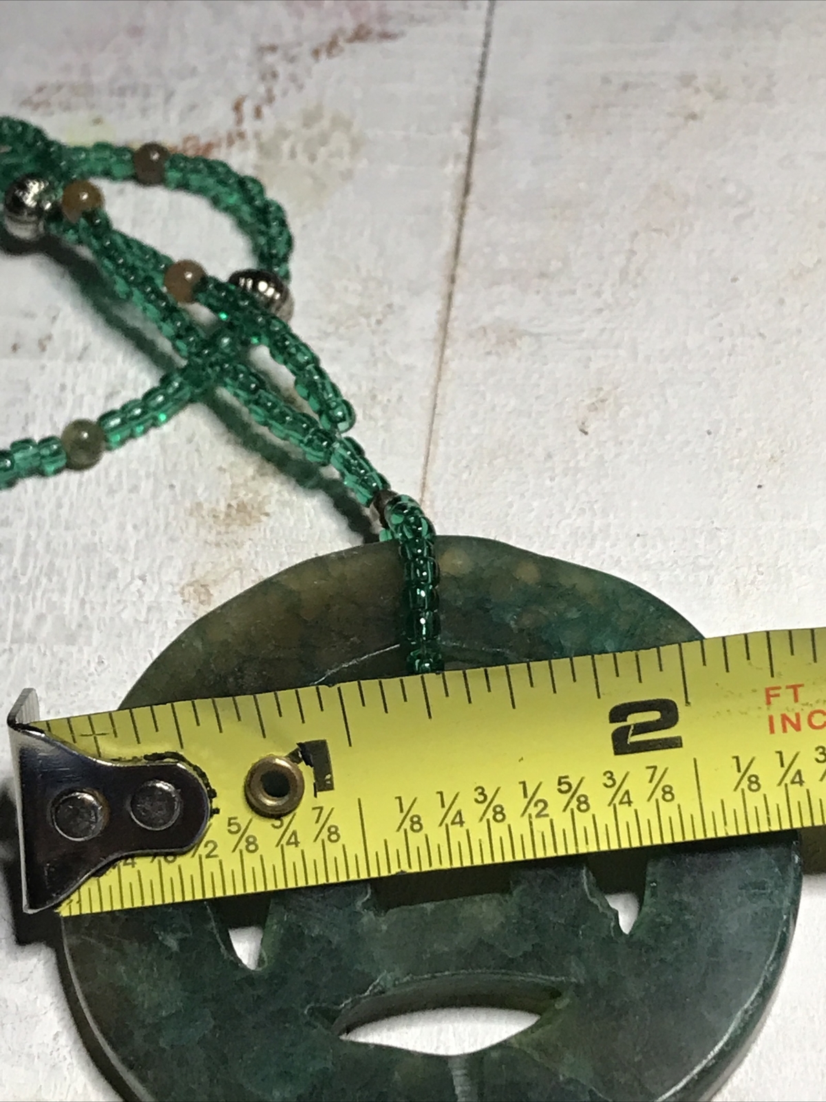 VTG Jade Pendant Natural Gem Hand Carved Necklace 2.25” Disk Green Seed Bead