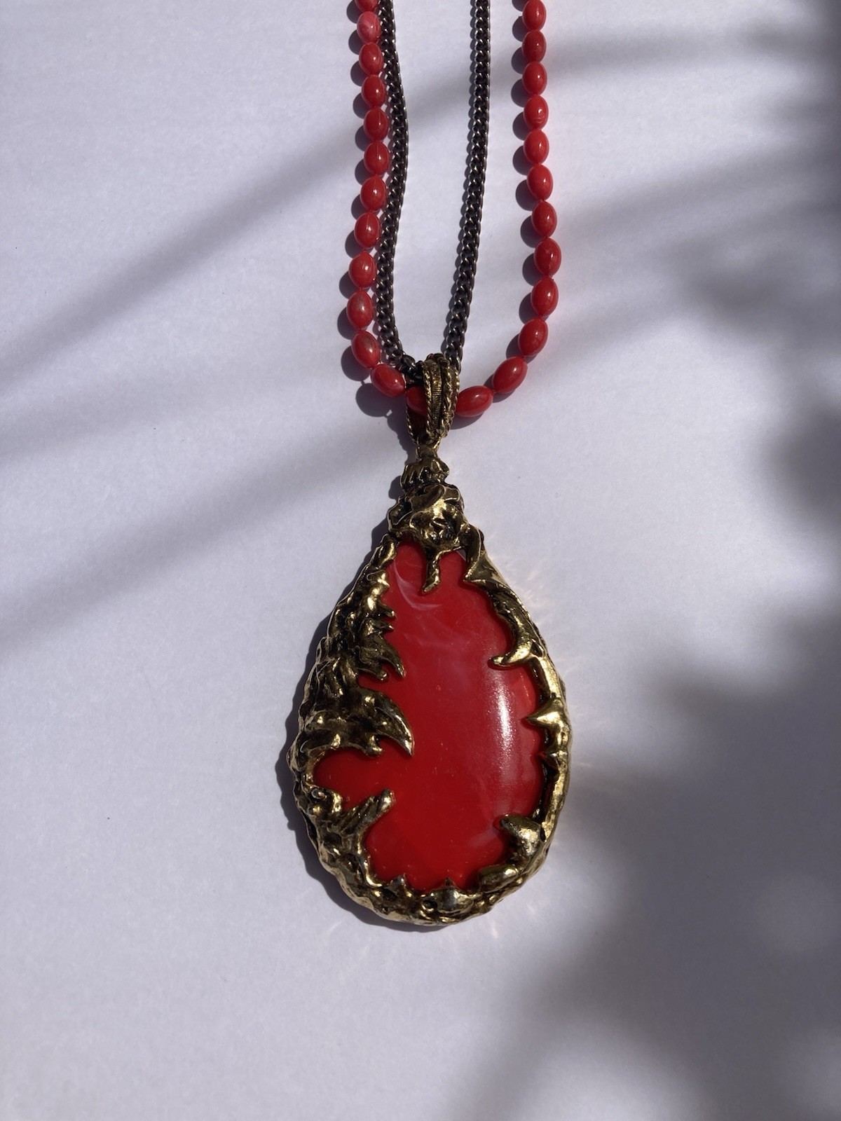 Vintage 1960s Brutalist Love Witch Necklace Deep Coral Lucite Gold Pendant