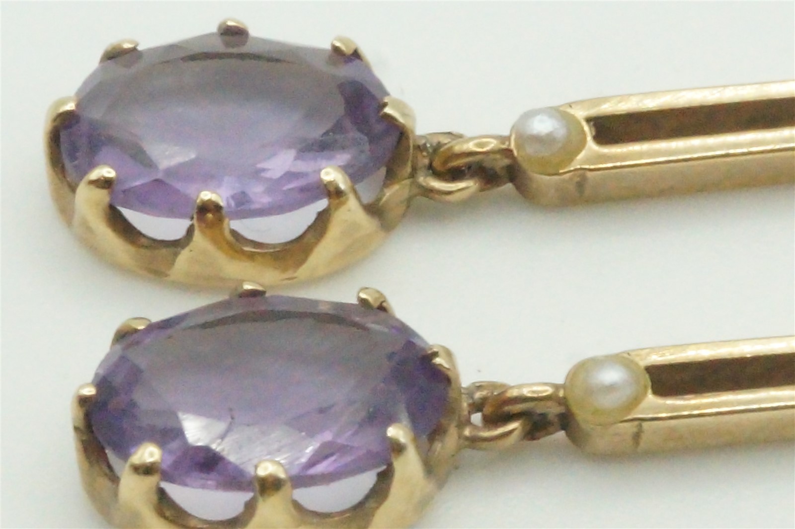 ANTIQUE ENGLISH 9 CARAT GOLD AMETHYST & PEARL DROP EARRINGS c1900