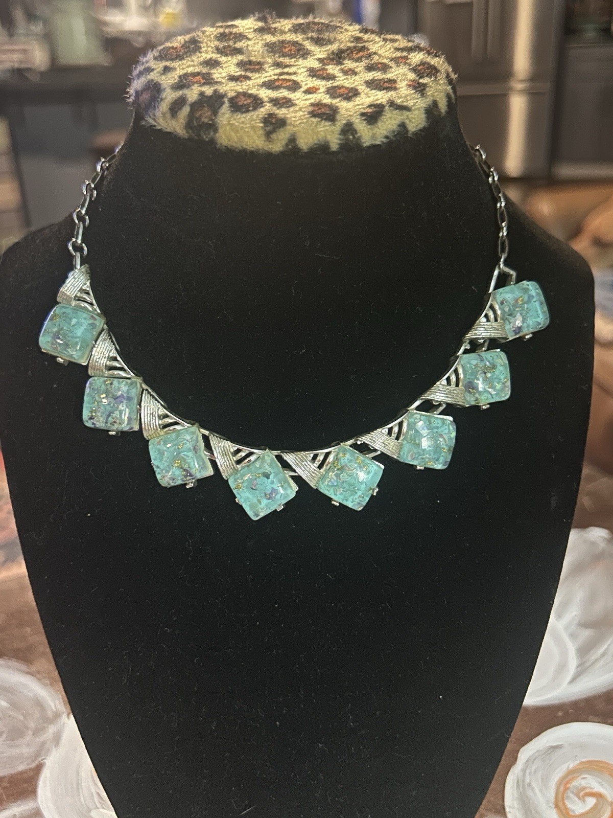 Vintage Lucite Confetti 14” NECKLACE Turquoise Aqua light Blue