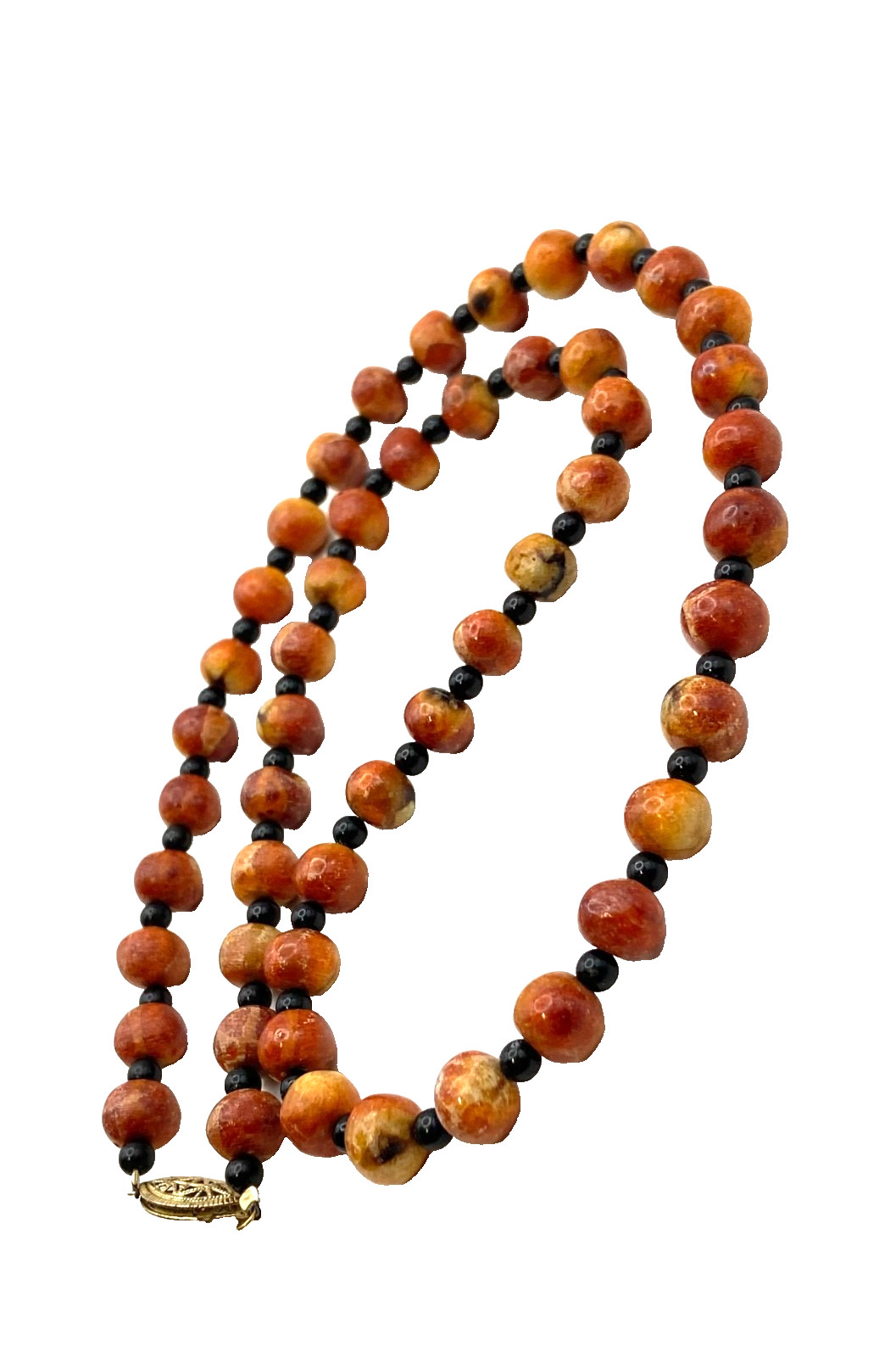 Vintage Apple Sponge Coral Red/Orange Beaded Necklace Black Agate? Gold Tone 24″