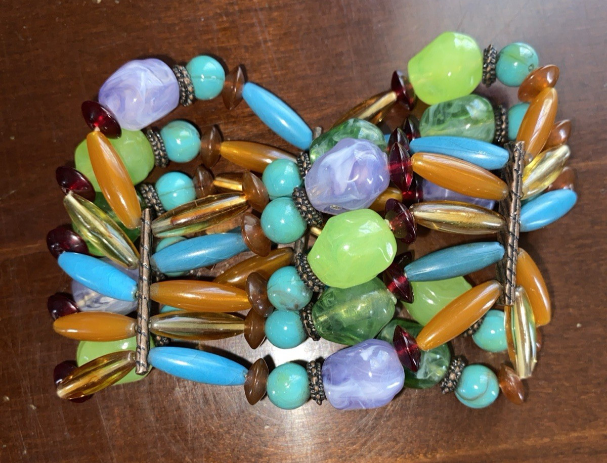 Vintage Beaded Blue Marble, Green Earthtones & Multi Colors Stretch Bracelets- 3