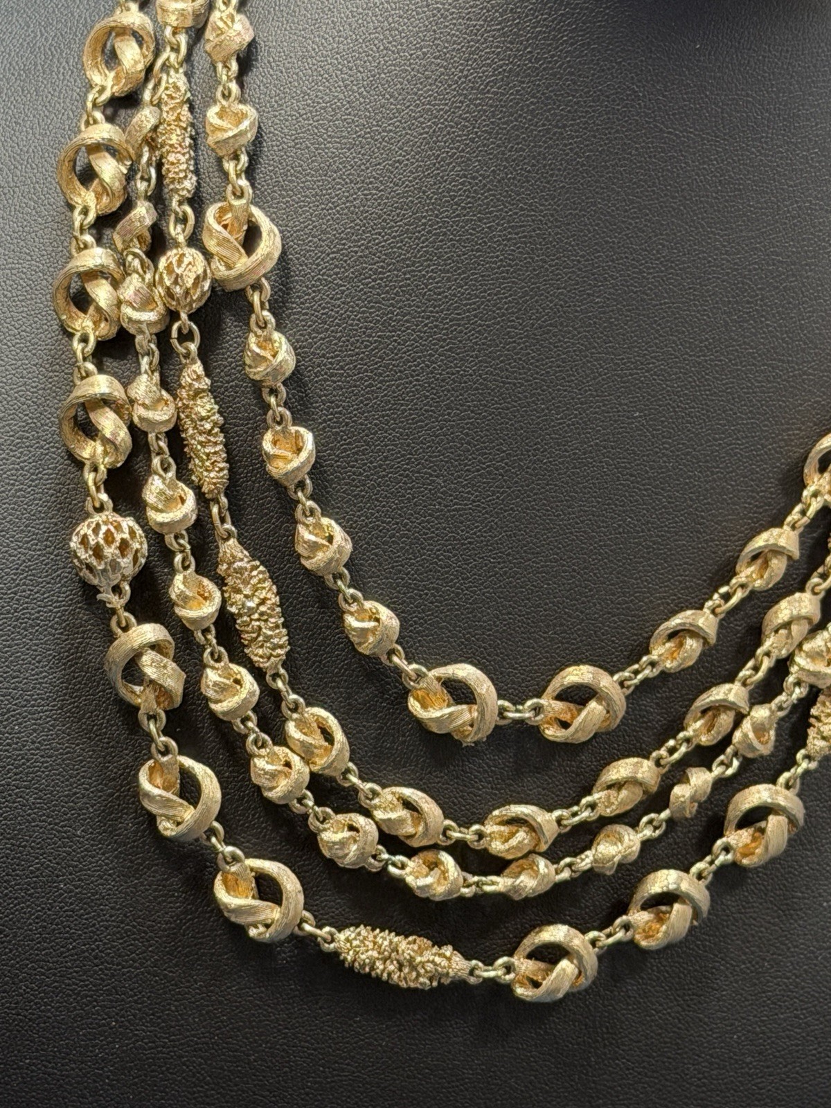 Vintage Knot Filigree Bead Necklace Multi Strand Beaded Gold Tone Acorn Hook