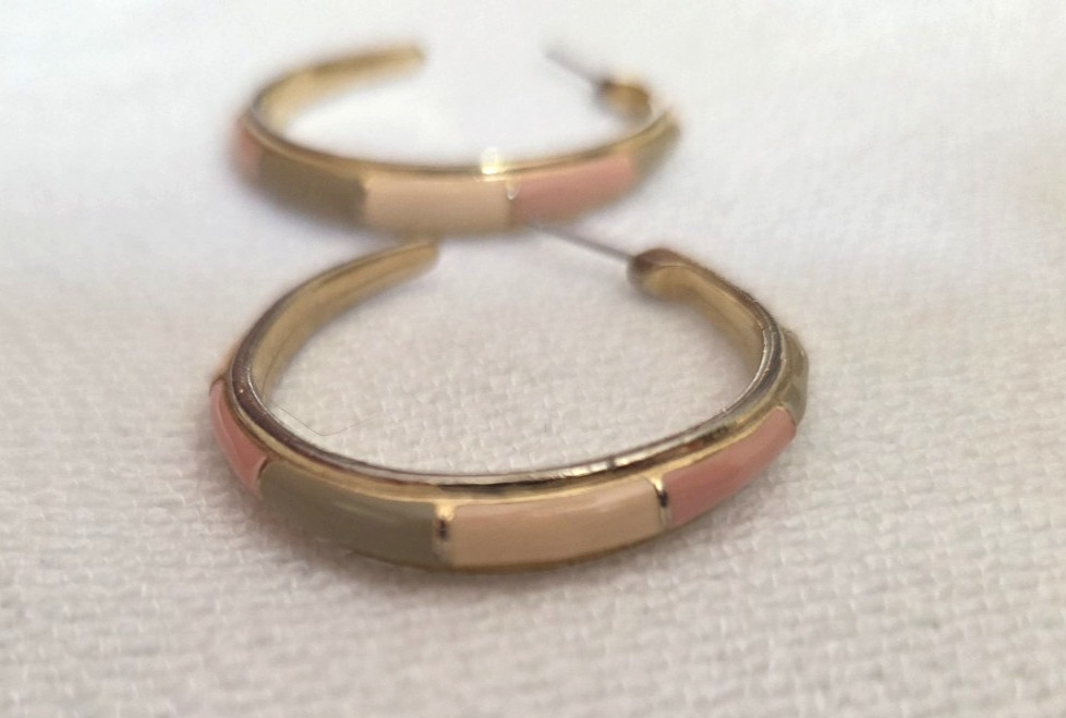 Vintage Express Gold Toned Pierced Hoop Earrings With Muted Pink & Green Enamel
