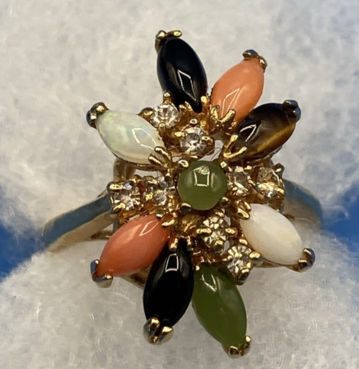 vintage RING sz 8 cluster natural stones opal coral onyx jade tigers eye GP