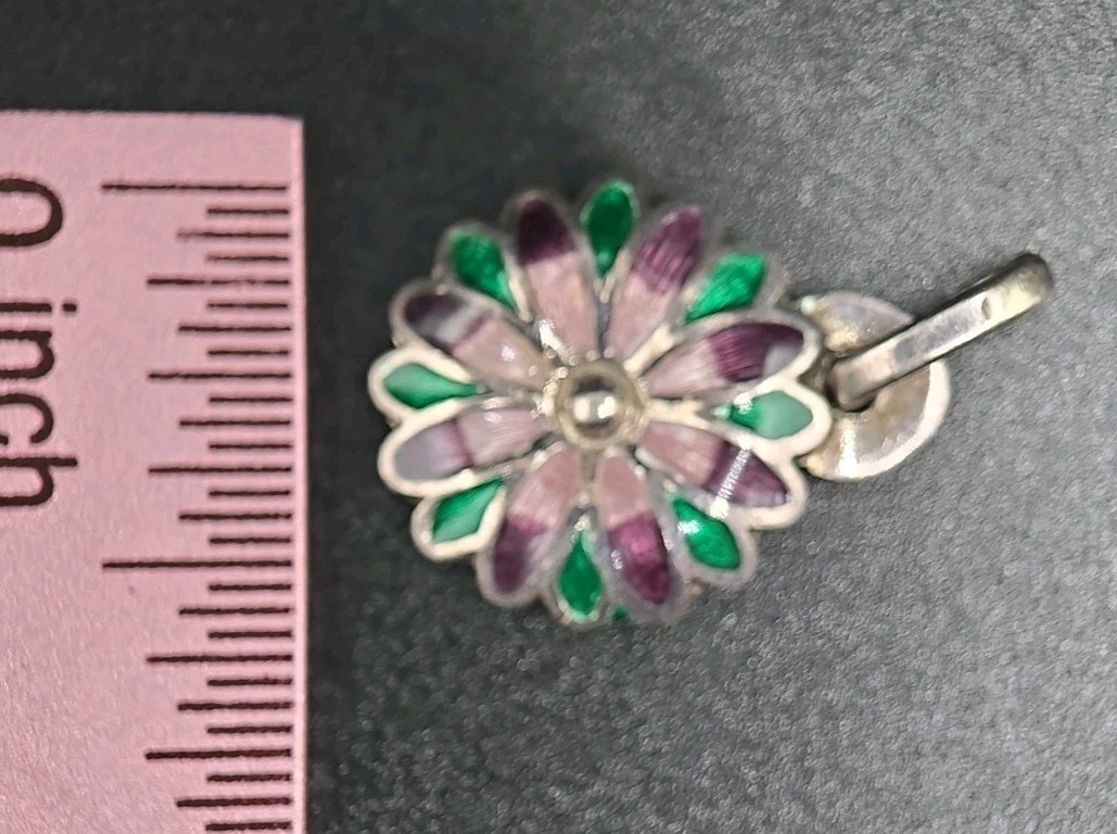 ​Vtg Mexico 980 Silver Enamel Flower Pendant Purple Green Daisy Taxco…