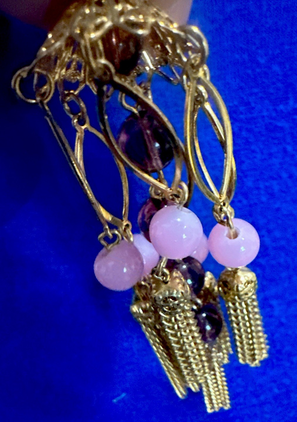 NOS Necklace Gold Plate Chain Multi Mini Chain Tassels wPink beads ornate unique