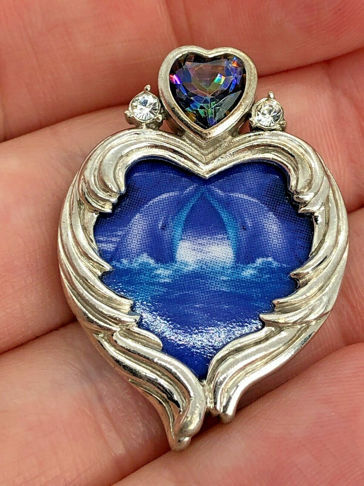 BGE Sterling Silver 7mm Mystic Topaz Kissing Dolphins Heart Pendant 8.4 Grams