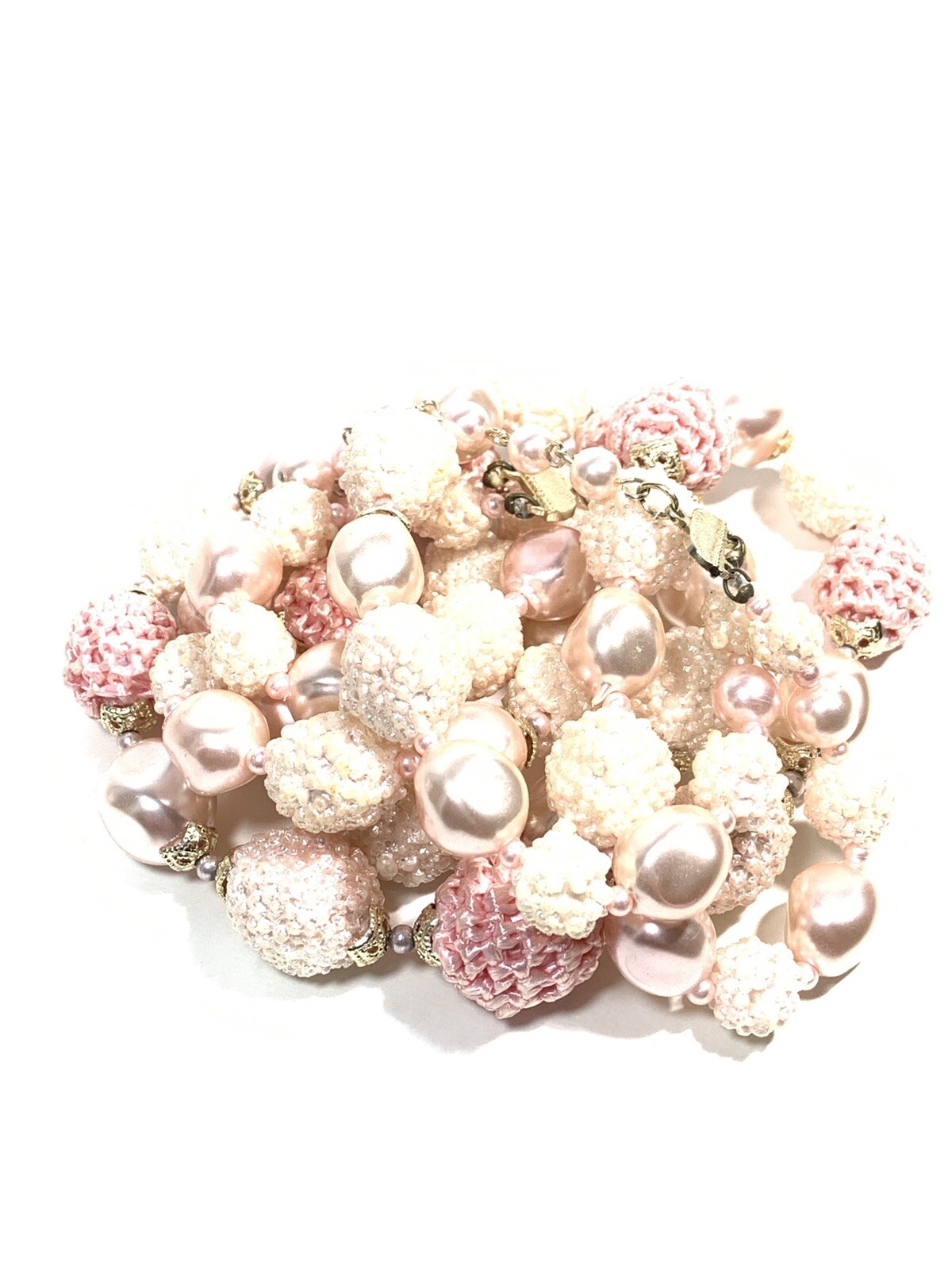 VTG JAPAN 2 Tier Bead NECKLACE Shades Of Pink POPCORN Textured KNIT Graduated