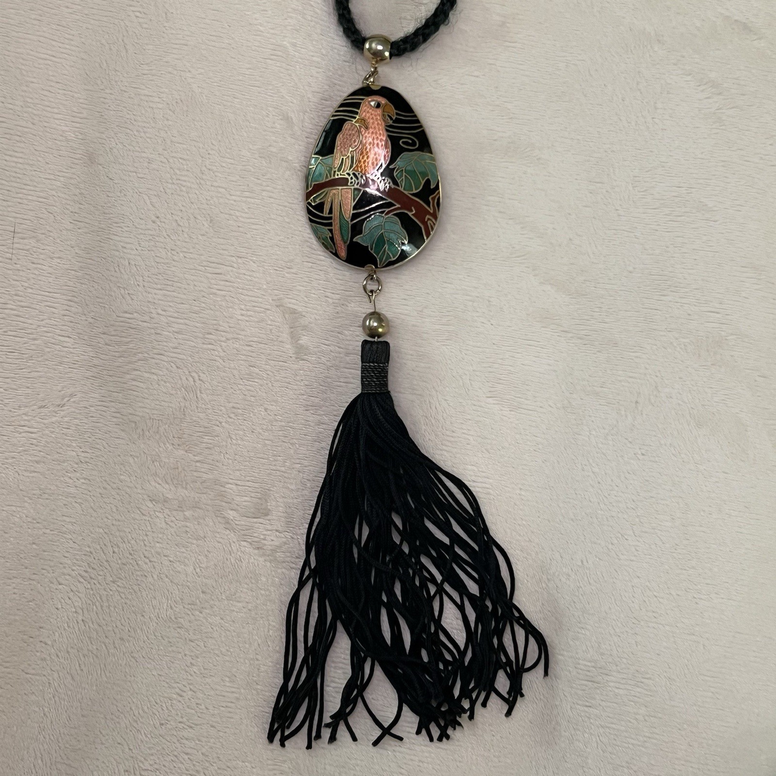 Vintage Cloisonné Parrot Pendant Necklace with Black Tassel
